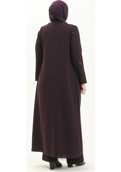 Büyük Beden Taş Baskılı Ferace 5045-03 Mürdüm