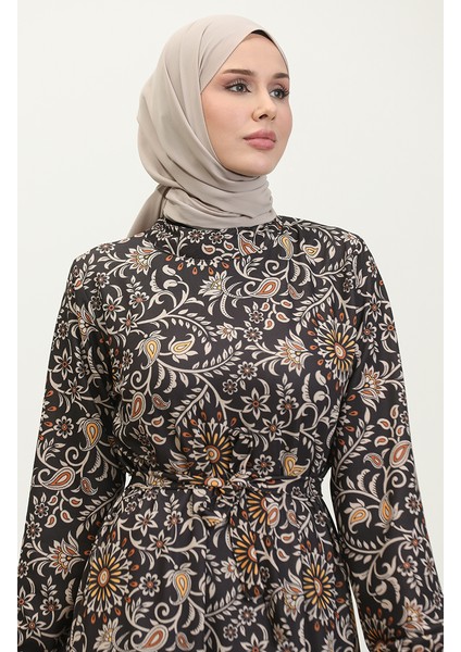 Desenli Kuşaklı Elbise 0364-04 Siyah