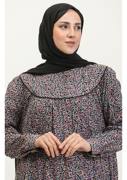 Büyük Beden Desenli Viskon Elbise 4473G-02 Siyah Lila
