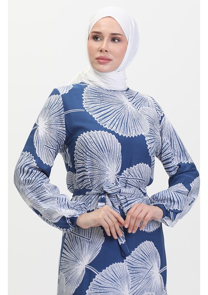 Desenli Kuşaklı Elbise 0445-04 Indigo fırsatları