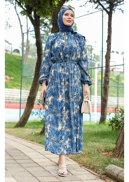 Kuşaklı Desenli Elbise 0454-02 Indigo
