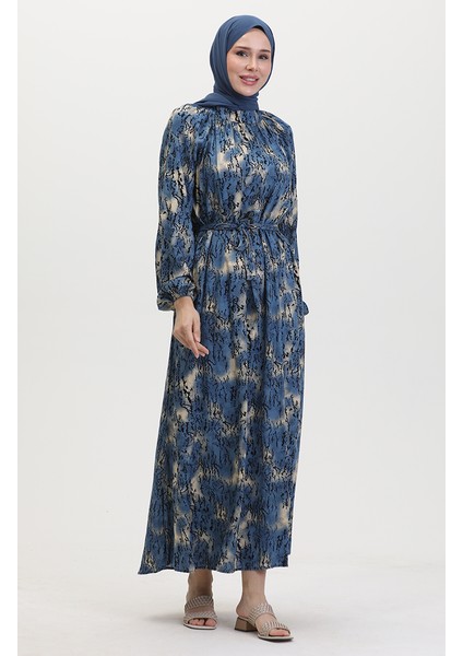Kuşaklı Desenli Elbise 0454-02 Indigo