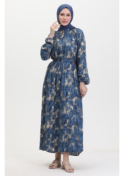 Kuşaklı Desenli Elbise 0454-02 Indigo