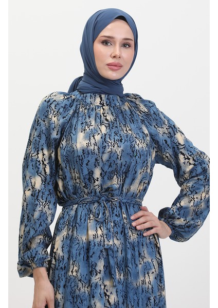 Kuşaklı Desenli Elbise 0454-02 Indigo