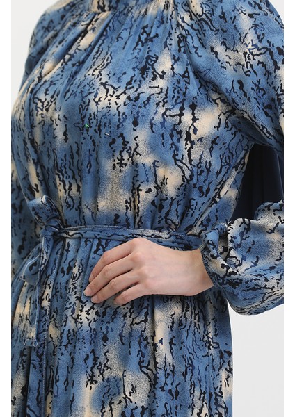 Kuşaklı Desenli Elbise 0454-02 Indigo