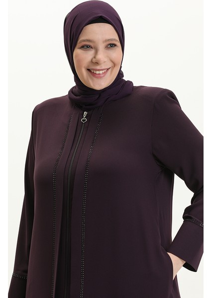 Büyük Beden Önü Taşlı Ferace 5050-04 Mürdüm