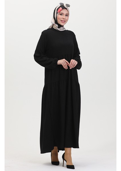 Bürümcük Kumaş Büzgülü Elbise 1048-01 Siyah modelleri