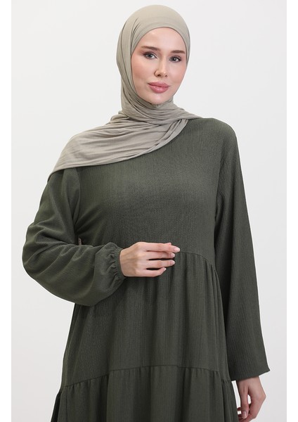 Bürümcük Kumaş Büzgülü Elbise 1048-03 Haki modelleri