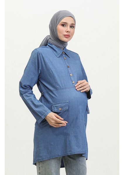 Tensel Kumaş Cepli Hamile Tunik 2700127-02 Kot Mavi