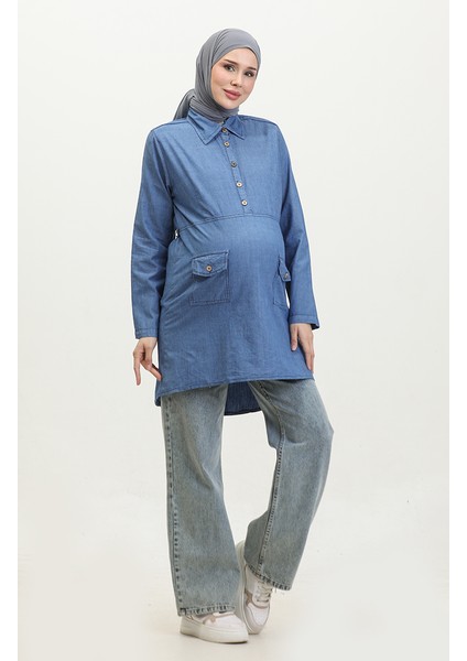 Tensel Kumaş Cepli Hamile Tunik 2700127-02 Kot Mavi fiyatları