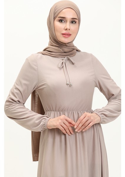 Beli Büzgülü Elbise 0575-09 Vizon modelleri