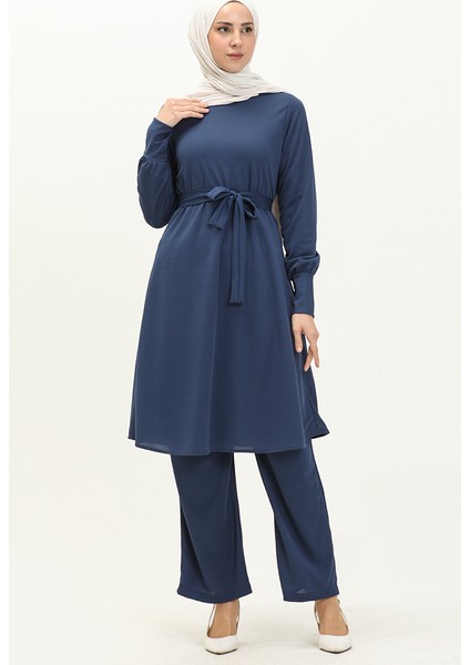 Kuşaklı Tunik Pantolon Ikili Takım 0690-11 Indigo
