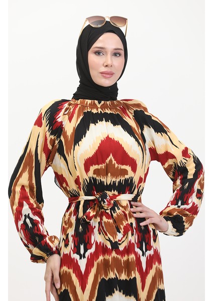 Desenli Kuşaklı Viskon Elbise 0501-04 Bordo Taba