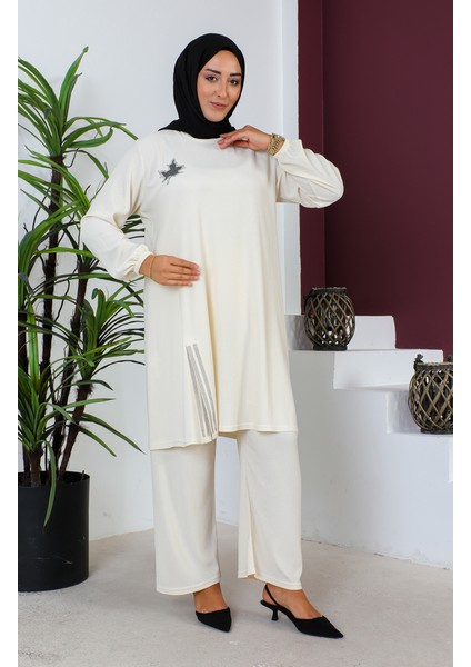Büyük Beden Bürümcük Tunik Pantolon Ikili Takım 2608-03 Krem