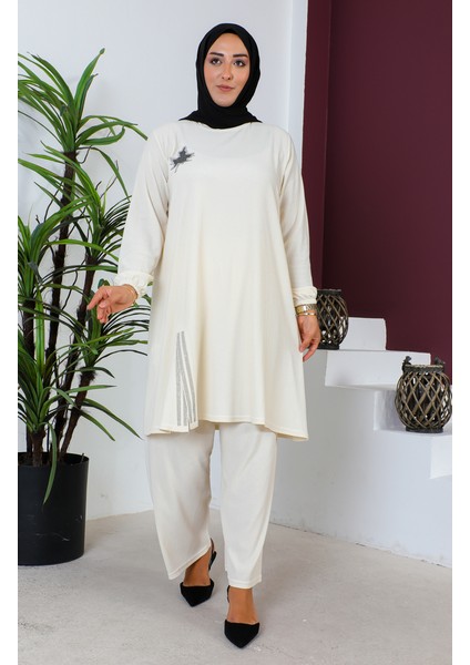 Büyük Beden Bürümcük Tunik Pantolon Ikili Takım 2608-03 Krem