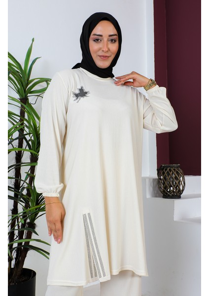 Büyük Beden Bürümcük Tunik Pantolon Ikili Takım 2608-03 Krem