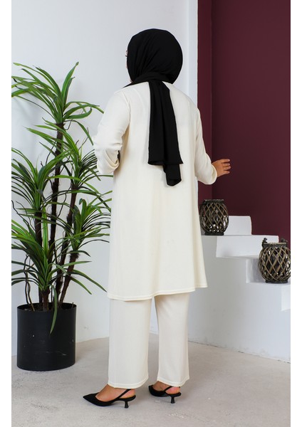 Büyük Beden Bürümcük Tunik Pantolon Ikili Takım 2608-03 Krem