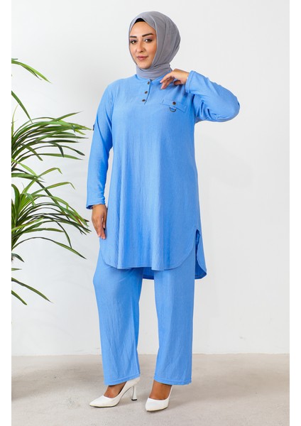 Büyük Beden Tunik Pantolon Ikili Takım 2691-08 Mavi