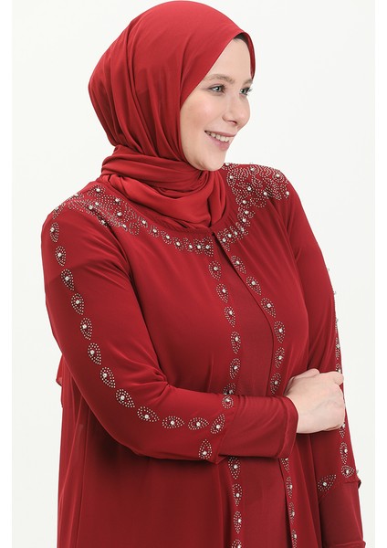 Büyük Beden Taş Baskılı Abiye Elbise 5066A-05 Bordo