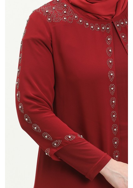 Büyük Beden Taş Baskılı Abiye Elbise 5066A-05 Bordo