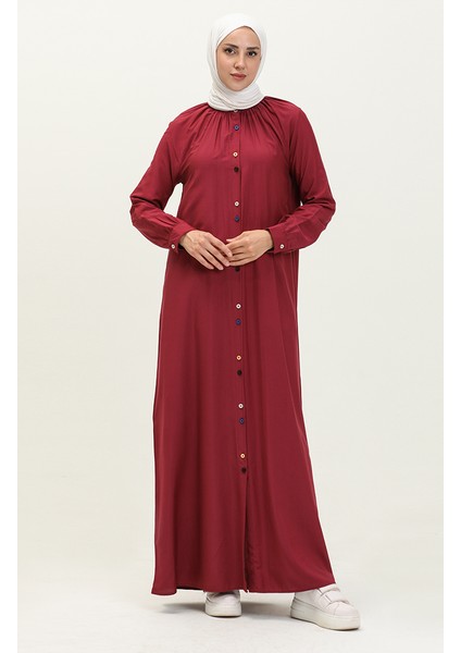 Çift Düğmeli Viskon Elbise 5110-05 Bordo
