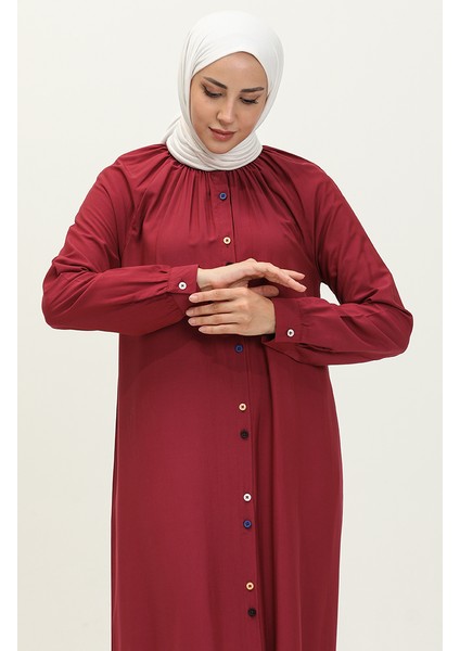 Çift Düğmeli Viskon Elbise 5110-05 Bordo modelleri
