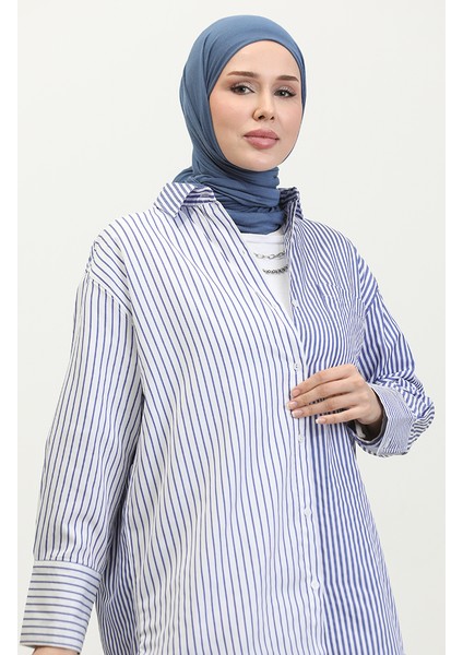 Garnili Çizgili Gömlek 4809-01 Saks modelleri