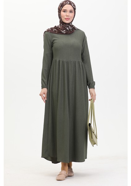 Bürümcük Kumaş Beli Büzgülü Elbise 1016-04 Haki