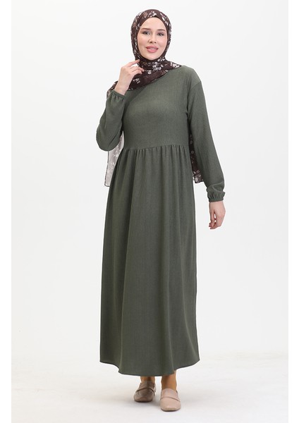 Bürümcük Kumaş Beli Büzgülü Elbise 1016-04 Haki modelleri