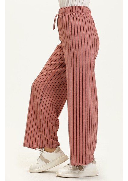 Çizgili Bol Paça Pantolon 8588-03 Gül Kurusu