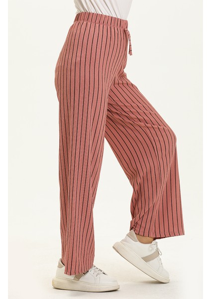 Çizgili Bol Paça Pantolon 8588-03 Gül Kurusu