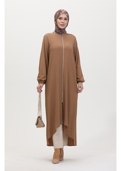Asimetrik Kesim Fermuarlı Tunik 1047-03 Vizon