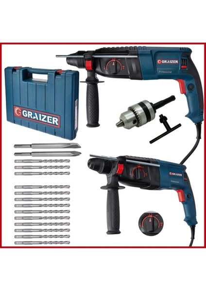 Alman 3000 W Kırıcı 5.0 Joul Sjs Metal Dişli Şanzuman Darbeli Matkap + Yedek Mandren 15 Uç