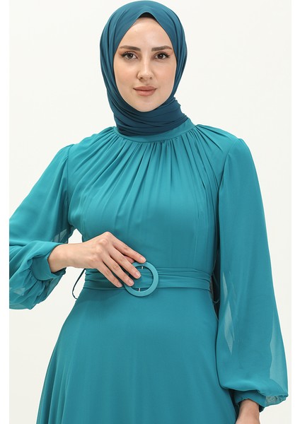 Pileli Şifon Abiye Elbise 5502-01 Turkuaz