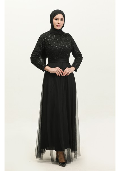 Dantelli Kuşaklı Abiye Elbise 5353A-19 Siyah