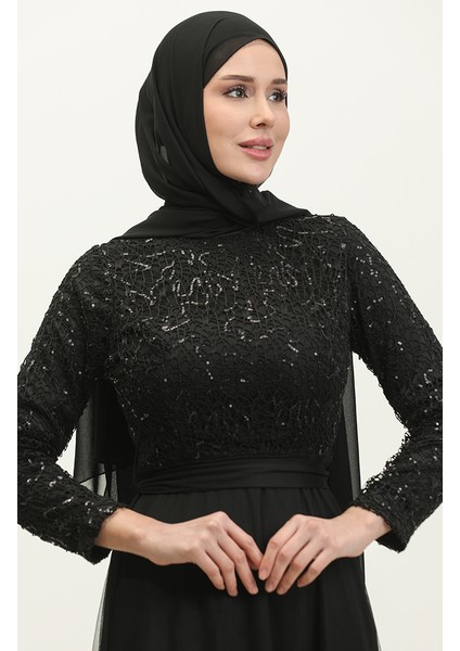 Dantelli Kuşaklı Abiye Elbise 5353A-19 Siyah modelleri
