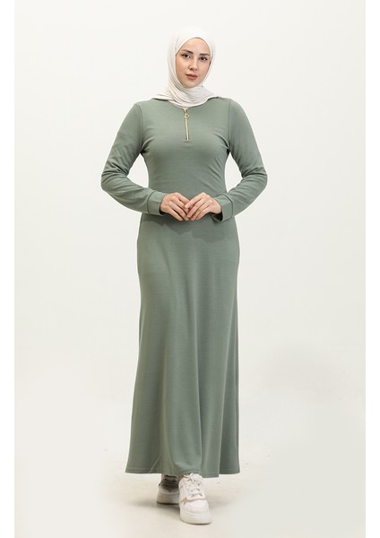 Fermuarlı Elbise 2149-01 Çağla Yeşili