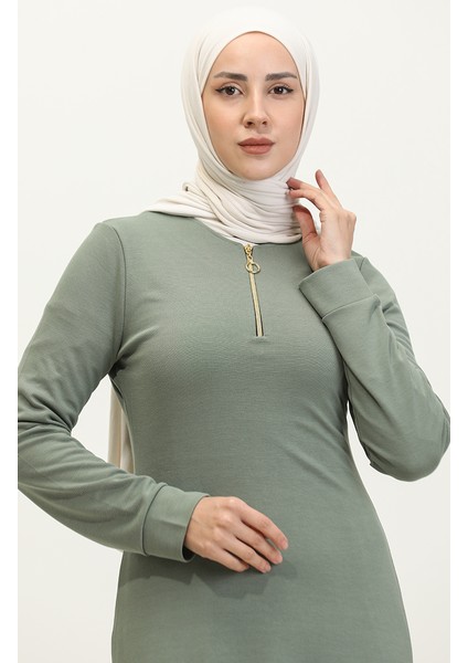 Fermuarlı Elbise 2149-01 Çağla Yeşili