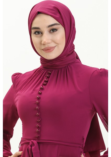 Düğme Detaylı Şifon Abiye Elbise 5695-13 Mor