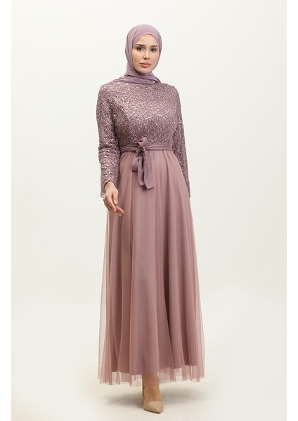 Dantelli Kuşaklı Abiye Elbise 5353A-21 Lila Mor
