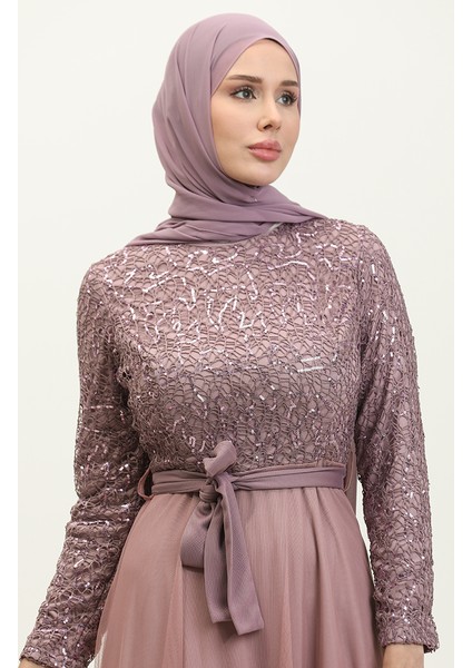 Dantelli Kuşaklı Abiye Elbise 5353A-21 Lila Mor