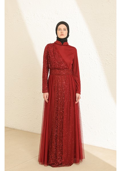 Payetli Tül Abiye Elbise 5345-13 Bordo