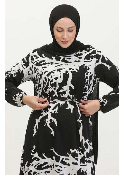 Alisa Farbalı Kuşaklı Viskon Elbise 4599B-02 Siyah Beyaz