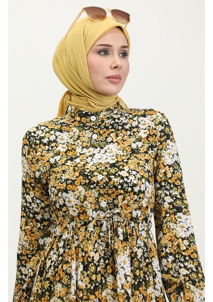 Ilkbahar Yarım Düğmeli Çiçek Desenli Elbise 0361-05 Sarı modelleri