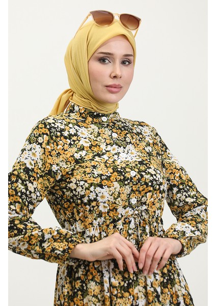 Ilkbahar Yarım Düğmeli Çiçek Desenli Elbise 0361-05 Sarı fırsatları