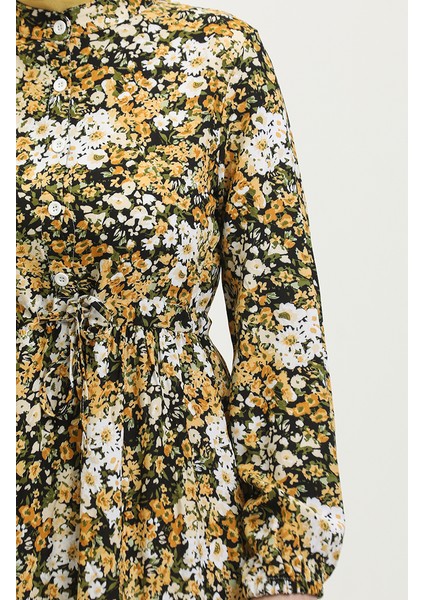Ilkbahar Yarım Düğmeli Çiçek Desenli Elbise 0361-05 Sarı indirimleri