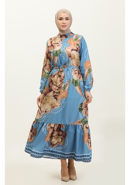 Çiçek Desenli Krep Elbise 0350-01 Mavi Kahverengi