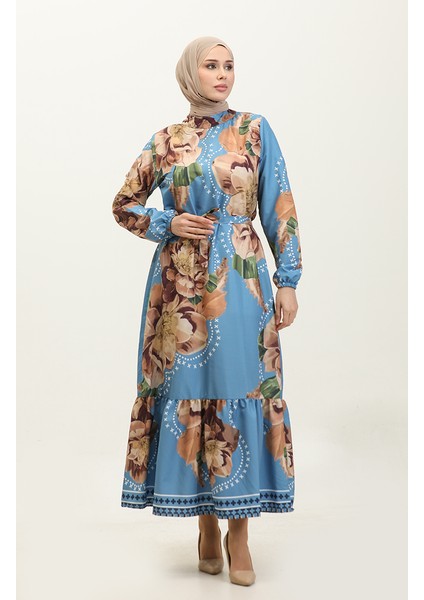 Çiçek Desenli Krep Elbise 0350-01 Mavi Kahverengi fiyatları