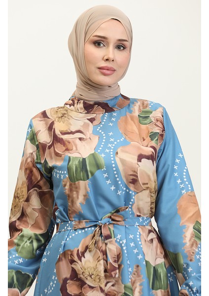 Çiçek Desenli Krep Elbise 0350-01 Mavi Kahverengi modelleri