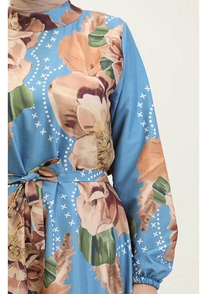 Çiçek Desenli Krep Elbise 0350-01 Mavi Kahverengi fırsatları